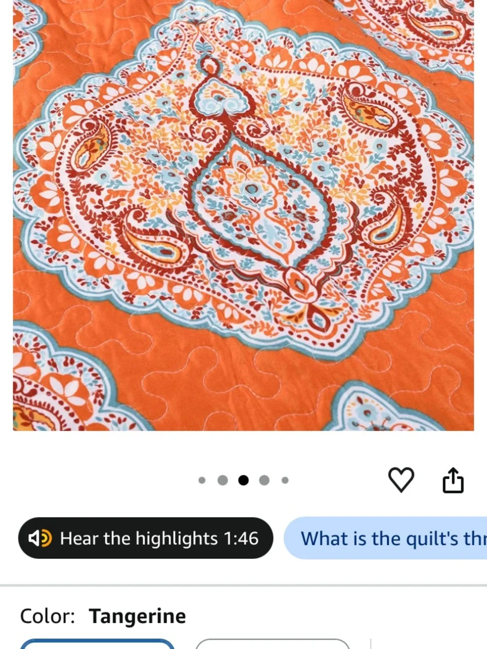 Orange Boho Paisley Quilted Bedspread reversible Teal Blue accents 2 shams King